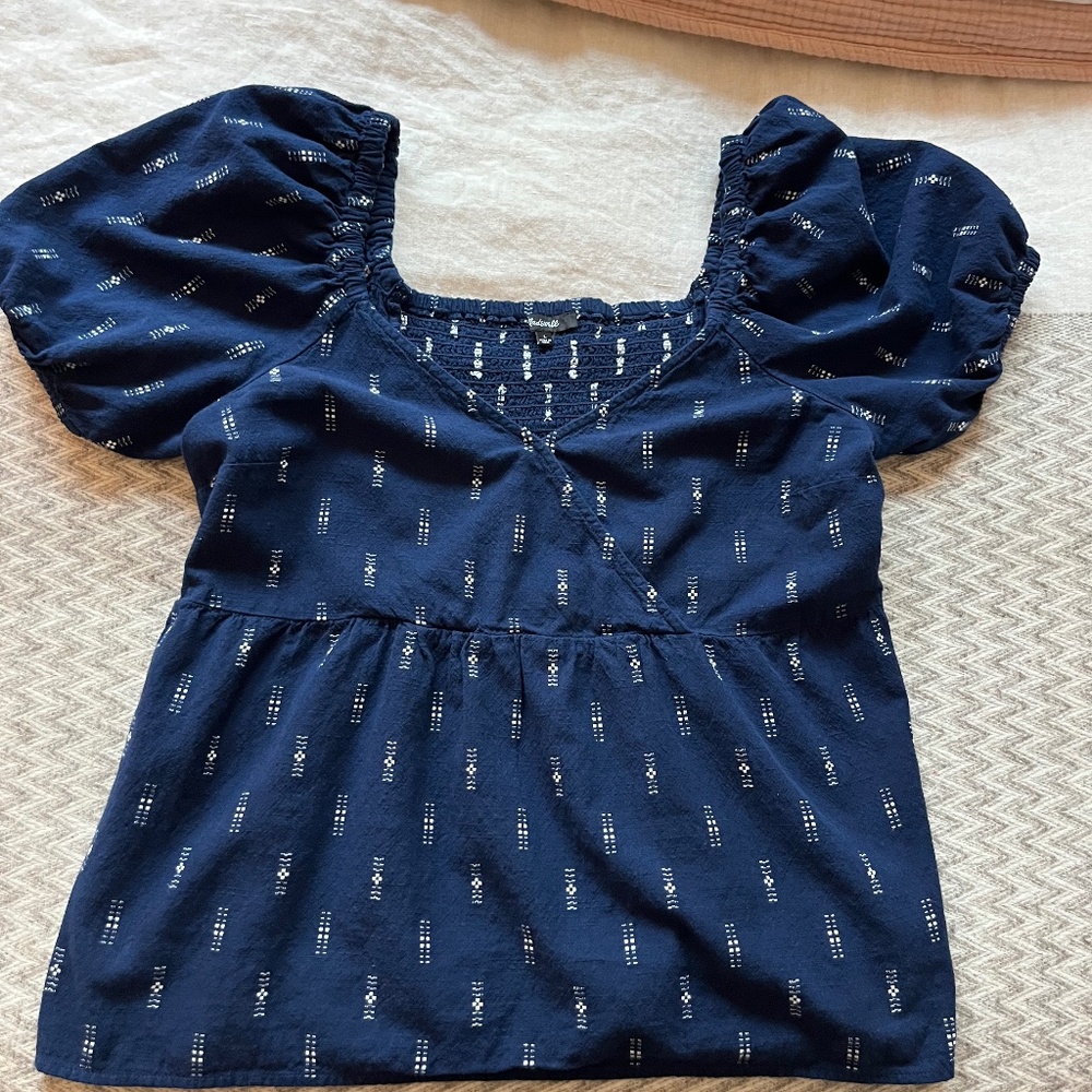 Madewell Navy Blue Blouse with White Pattern